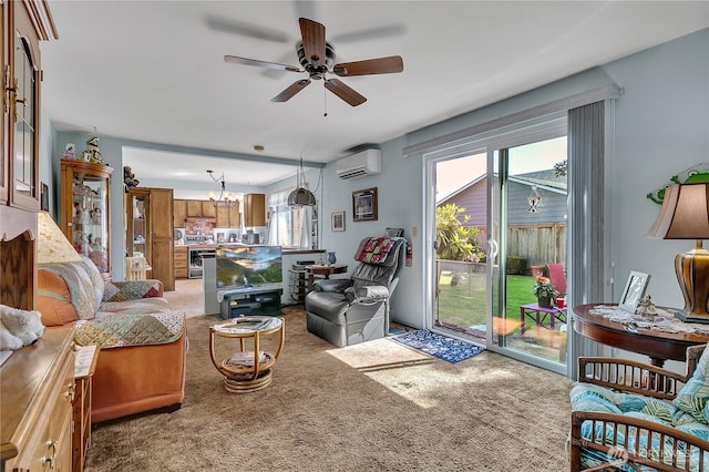 17004 137th Pl SE, Renton, WA 98058 - living area with an AC wall unit, light carpet, a chandelier, and a ceiling fan
