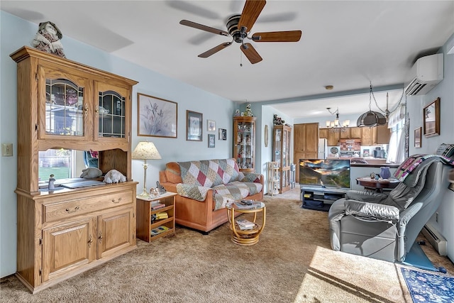 17004 137th Pl SE, Renton, WA 98058 - living room featuring a wall mounted air conditioner, light colored carpet, a ceiling fan, and a chandelier