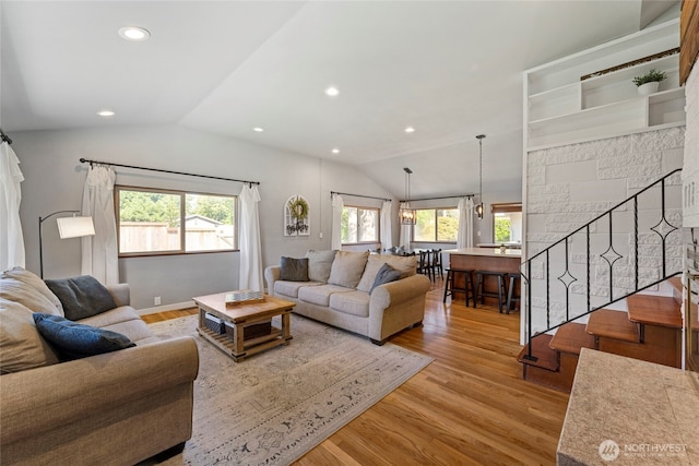 922 SW 160th St, Burien, WA 98166 - living area featuring vaulted ceiling, light wood-type flooring, stairs, and recessed lighting
