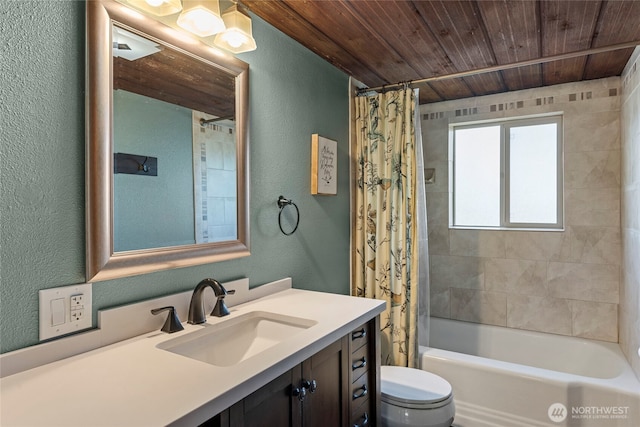 922 SW 160th St, Burien, WA 98166 - full bath featuring a textured wall, wood ceiling, vanity, and shower / bath combination with curtain