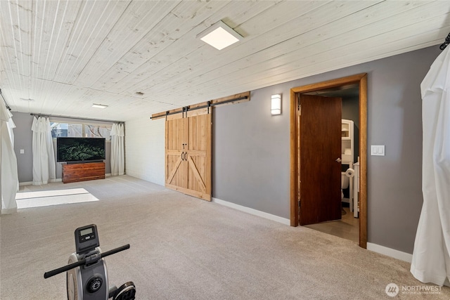 922 SW 160th St, Burien, WA 98166 - exercise room featuring a barn door, carpet floors, and wooden ceiling