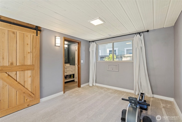 922 SW 160th St, Burien, WA 98166 - workout area with light carpet, a barn door, and wooden ceiling