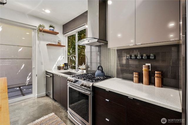 1804 25th Ave Unit A, Seattle, WA 98122 - kitchen featuring stainless steel appliances, ventilation hood, concrete flooring, tasteful backsplash, and dark brown cabinets