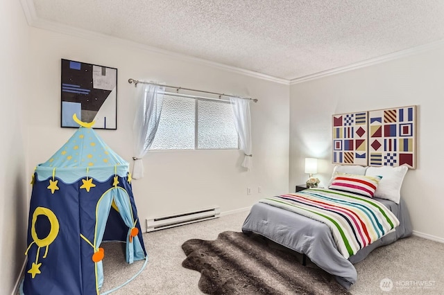 14547 NE 40th St Unit J302, Bellevue, WA 98007 - bedroom featuring a baseboard radiator, carpet, a textured ceiling, and crown molding