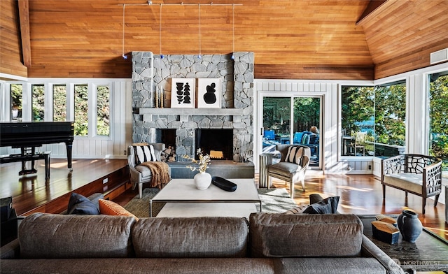 18 Holly Ln, Mercer Island, WA 98040 - living area featuring wooden walls, wooden ceiling, high vaulted ceiling, wood finished floors, and a fireplace