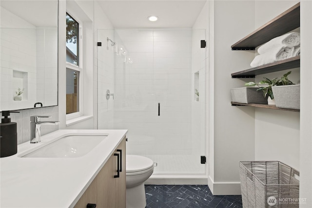 333 18th Ave, Kirkland, WA 98033 - bathroom with a stall shower, vanity, and recessed lighting