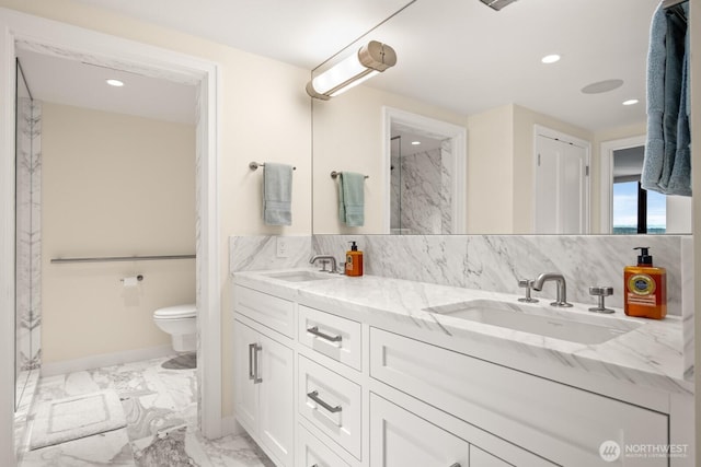 1620 43rd Ave E Unit 15A-B, Seattle, WA 98112 - full bathroom featuring marble finish floors, double vanity, tasteful backsplash, recessed lighting, and a shower