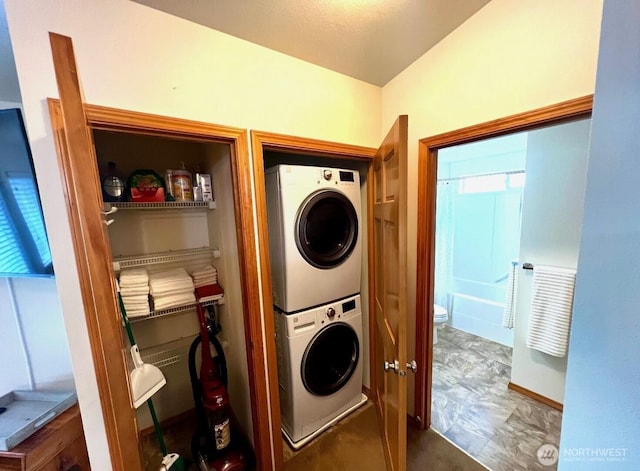 408 Eddy Ct, Port Townsend, WA 98368 - washroom featuring stacked washer / dryer