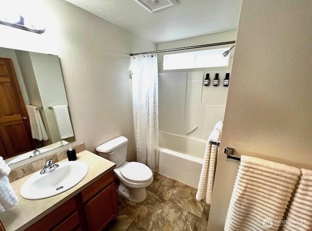408 Eddy Ct, Port Townsend, WA 98368 - bathroom with vanity, shower / bathtub combination with curtain, and a textured wall