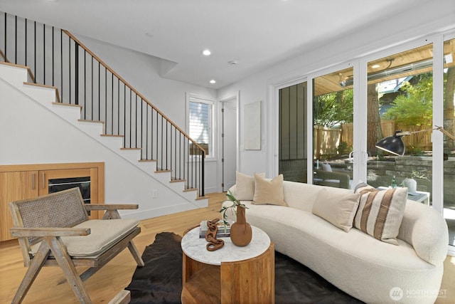 231 19th Ave, Kirkland, WA 98033 - living room featuring wood finished floors, stairway, and recessed lighting