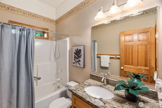 6701 Macintosh Ct SE, Olympia, WA 98513 - full bathroom featuring vanity, shower / bathtub combination with curtain, and a textured wall