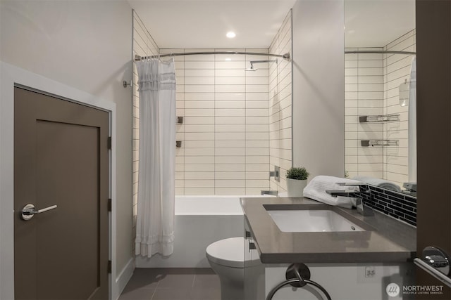 1629 42nd Ave E Unit B, Seattle, WA 98112 - full bathroom with tile patterned floors, shower / bath combo with shower curtain, vanity, and recessed lighting