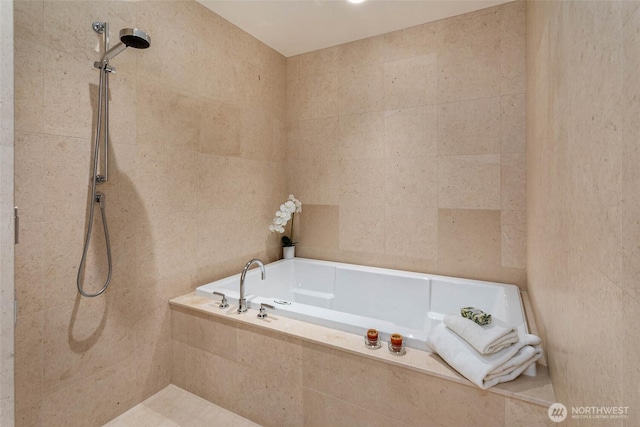 1521 2nd Ave Unit 2303, Seattle, WA 98101 - bathroom featuring a garden tub, tile walls, and tiled shower
