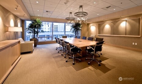 1521 2nd Ave Unit 2303, Seattle, WA 98101 - carpeted office space with a paneled ceiling and a chandelier