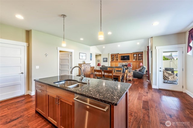 3516 Dianna Way, Wenatchee, WA 98801 - kitchen with dishwasher, open floor plan, a center island with sink, dark stone countertops, and dark wood finished floors