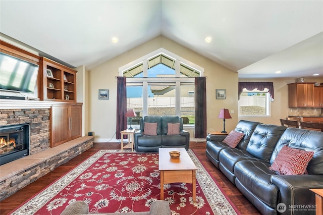 3516 Dianna Way, Wenatchee, WA 98801 - living area with vaulted ceiling, wood finished floors, a fireplace, and recessed lighting