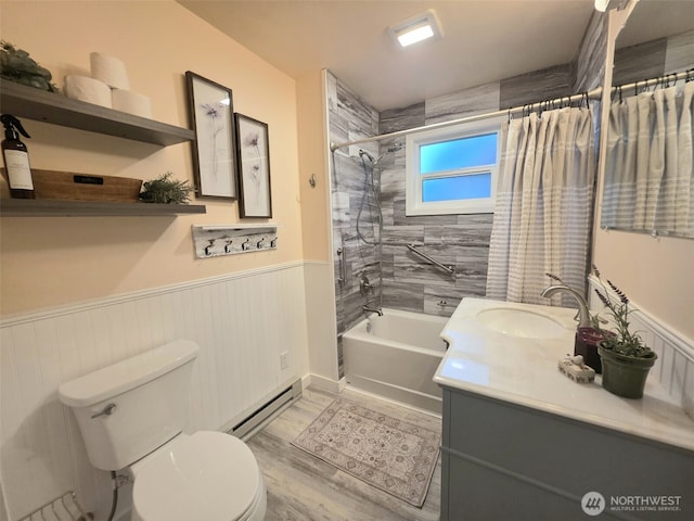 321 12th St, Raymond, WA 98577 - bathroom featuring a baseboard heating unit, vanity, shower / tub combo with curtain, wainscoting, and wood finished floors