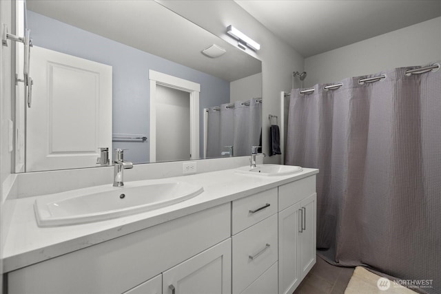 1427 114th Ave E, Edgewood, WA 98372 - full bathroom with double vanity, curtained shower, and tile patterned floors