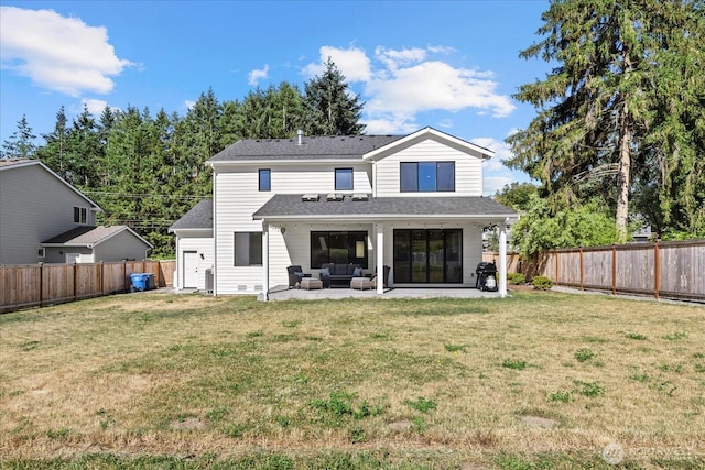 1427 114th Ave E, Edgewood, WA 98372 - back of property featuring a shingled roof, a patio area, a fenced backyard, and outdoor lounge area
