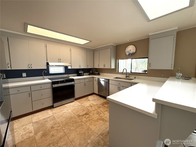 101 Sand Dune Ave NW, Ocean Shores, WA 98569 - kitchen with gray cabinets, electric stove, a peninsula, and healthy amount of natural light