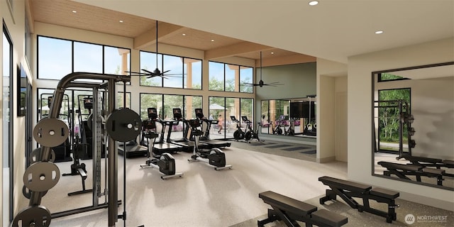 13931 178th St E Unit 39, Puyallup, WA 98374 - workout area with recessed lighting, ceiling fan, and a high ceiling