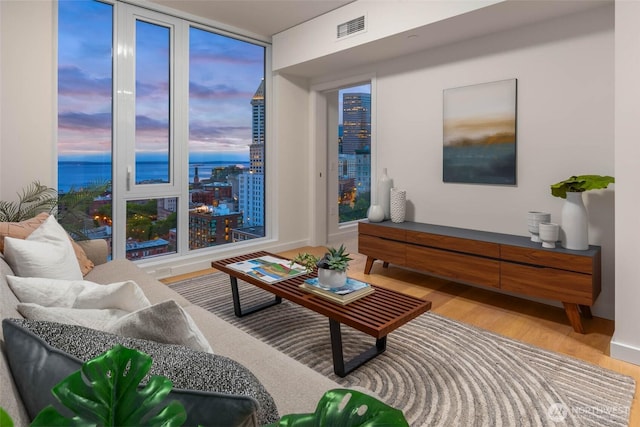 450 S Main St Unit 1608, Seattle, WA 98104 - living room featuring light wood-type flooring and a water view