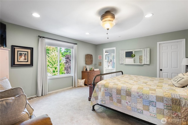 2060 Hammond Ave, Dupont, WA 98327 - bedroom featuring light carpet, recessed lighting, and ceiling fan