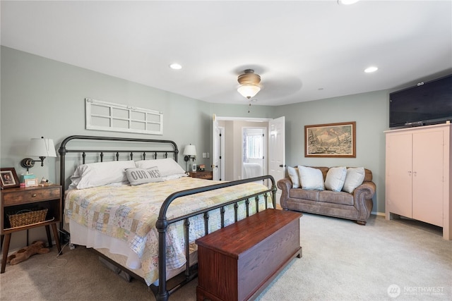 2060 Hammond Ave, Dupont, WA 98327 - bedroom with light carpet, recessed lighting, and a ceiling fan
