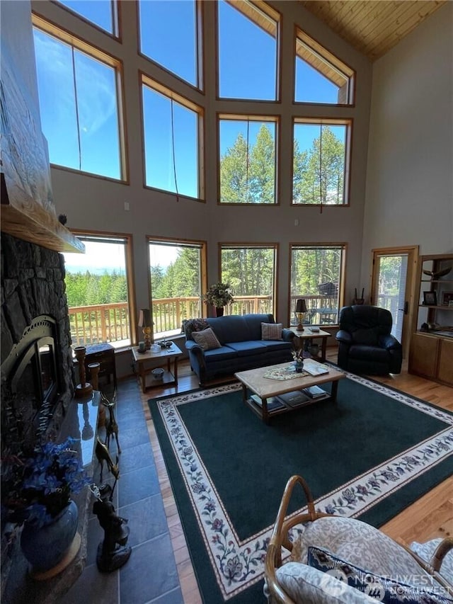 4 Ruger Rd, Oroville, WA 98844 - living area featuring high vaulted ceiling, healthy amount of natural light, wood finished floors, wooden ceiling, and a stone fireplace