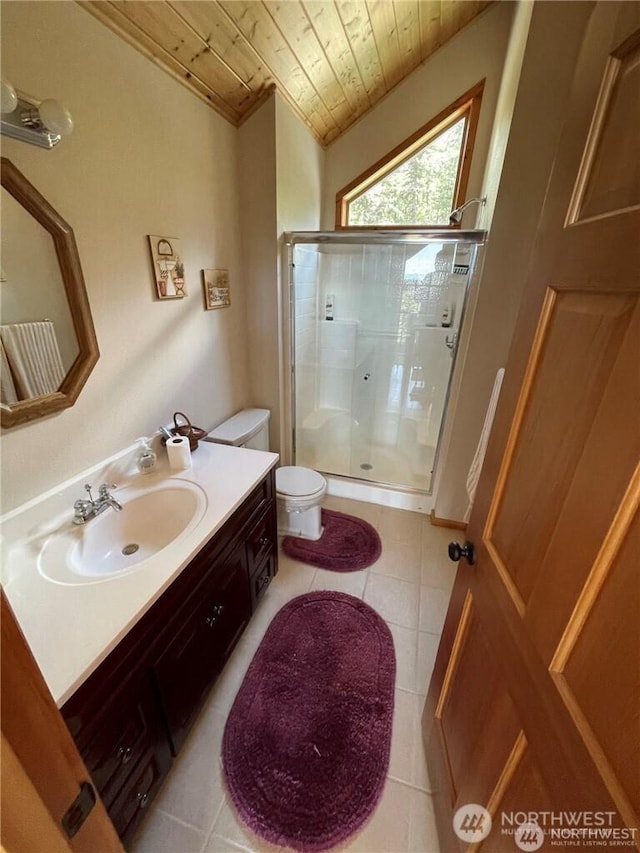 4 Ruger Rd, Oroville, WA 98844 - bathroom featuring wooden ceiling, vanity, a shower stall, and tile patterned floors