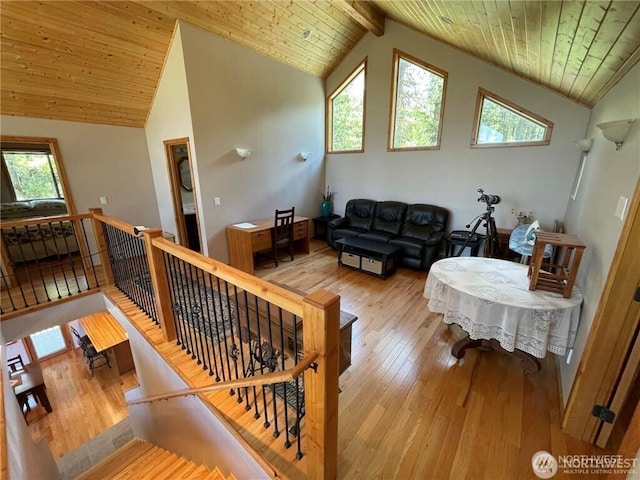 4 Ruger Rd, Oroville, WA 98844 - living room with lofted ceiling, plenty of natural light, light wood-type flooring, and wooden ceiling