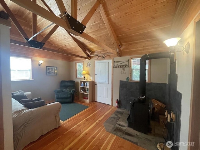 4 Ruger Rd, Oroville, WA 98844 - living room featuring wood ceiling, wood-type flooring, and a wood stove