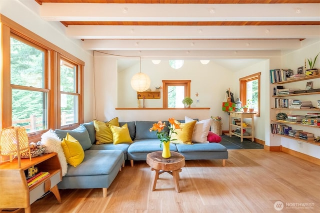 1692 Galbraith Ln, Bellingham, WA 98229 - living area with beamed ceiling and light wood-style floors