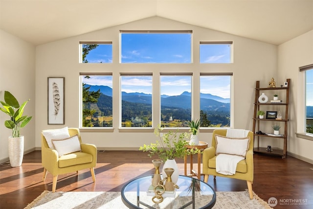 52 Carriage Dr, Sequim, WA 98382 - living room with a mountain view, vaulted ceiling, and wood finished floors