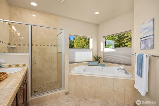 52 Carriage Dr, Sequim, WA 98382 - full bath featuring a shower stall, a bath, vanity, and recessed lighting