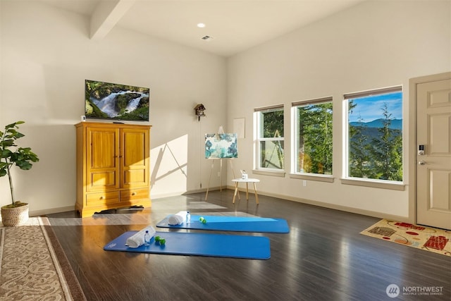 52 Carriage Dr, Sequim, WA 98382 - exercise room with wood finished floors and a towering ceiling