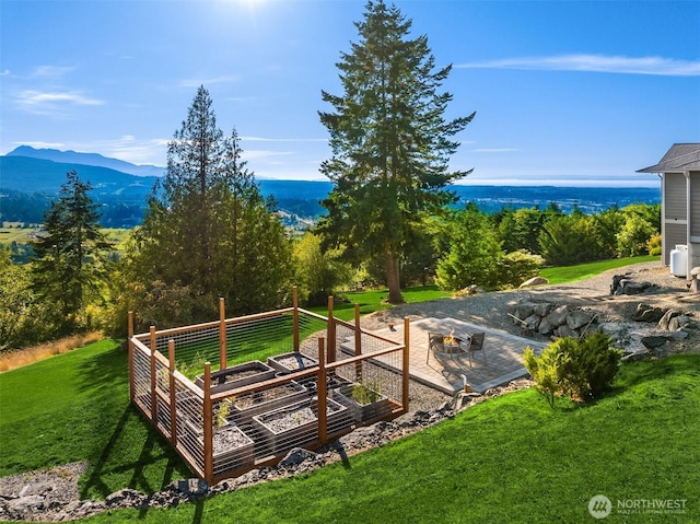 52 Carriage Dr, Sequim, WA 98382 - view of community with a yard, a vegetable garden, a fire pit, and a mountain view