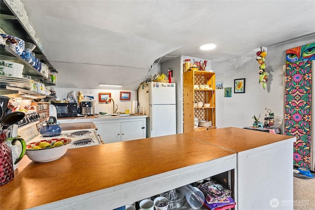 2639 Yew St, Bellingham, WA 98226 - kitchen featuring white appliances, white cabinets, vaulted ceiling, and open shelves