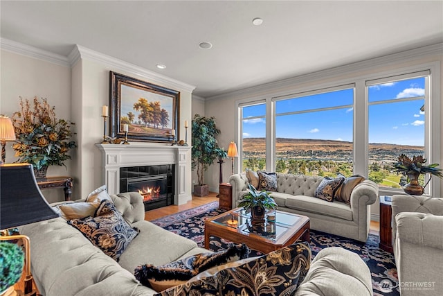 1776 Broadway Pl, Wenatchee, WA 98801 - living room featuring wood finished floors, a tile fireplace, crown molding, and recessed lighting