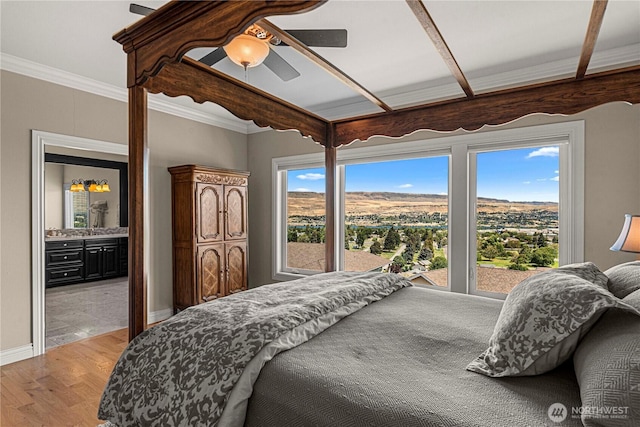 1776 Broadway Pl, Wenatchee, WA 98801 - bedroom with wood finished floors, ornamental molding, ceiling fan, and ensuite bathroom