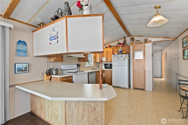 5594 Hillvue Rd, Blaine, WA 98230 - kitchen with white appliances, a peninsula, light countertops, under cabinet range hood, and light flooring