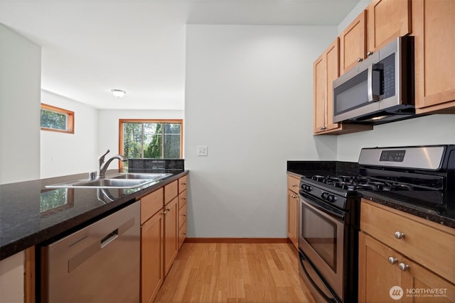 6214 Malloy Ave, Ferndale, WA 98248 - kitchen with appliances with stainless steel finishes, light wood finished floors, and dark stone countertops