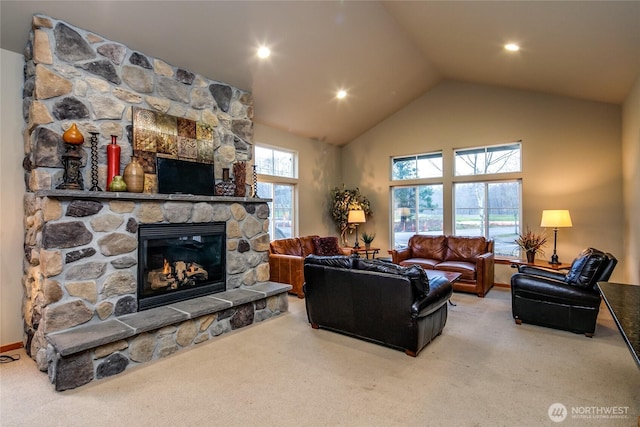 6214 Malloy Ave, Ferndale, WA 98248 - carpeted living area with a stone fireplace and high vaulted ceiling
