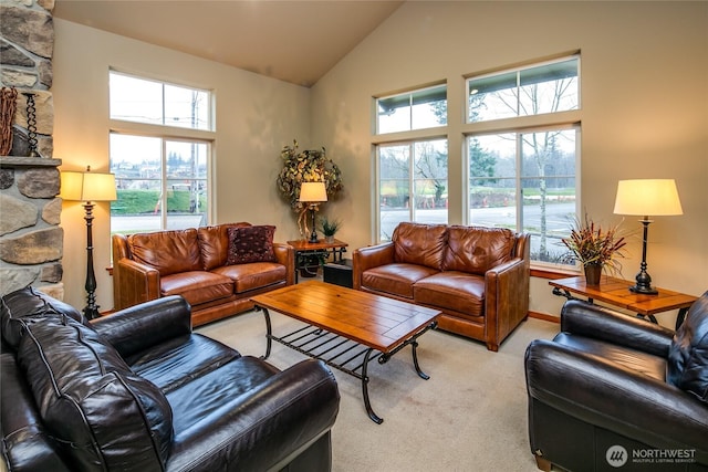 6214 Malloy Ave, Ferndale, WA 98248 - living room featuring light colored carpet and high vaulted ceiling