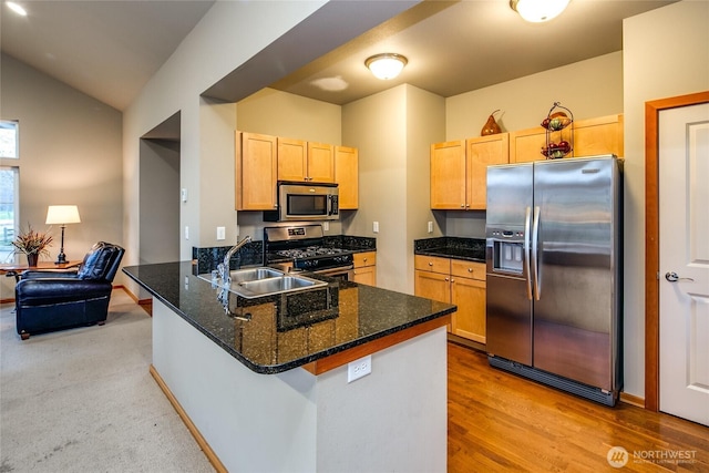 6214 Malloy Ave, Ferndale, WA 98248 - kitchen with appliances with stainless steel finishes, a peninsula, light brown cabinets, lofted ceiling, and dark stone countertops