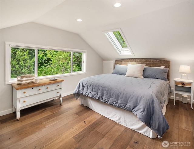 26321 Pillsbury Rd SW, Vashon, WA 98070 - bedroom featuring a skylight, vaulted ceiling, hardwood / wood-style floors, and recessed lighting
