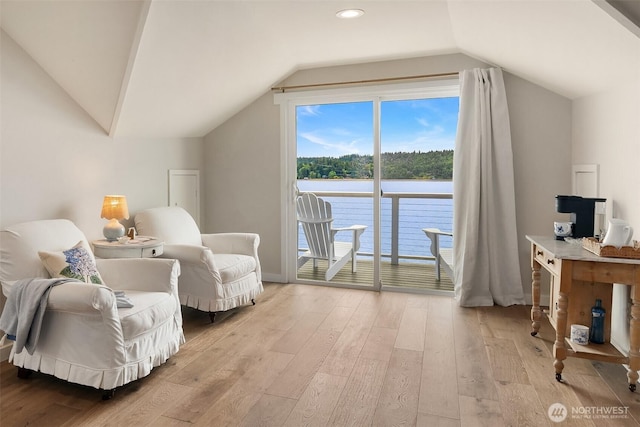 26321 Pillsbury Rd SW, Vashon, WA 98070 - sitting room featuring lofted ceiling, light wood-type flooring, a water view, and recessed lighting