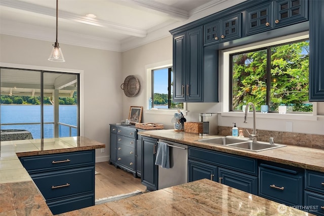 26321 Pillsbury Rd SW, Vashon, WA 98070 - kitchen featuring blue cabinetry, stainless steel dishwasher, crown molding, pendant lighting, and glass insert cabinets