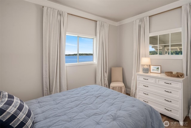 26321 Pillsbury Rd SW, Vashon, WA 98070 - bedroom featuring a water view and dark wood-style floors