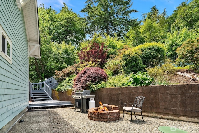 26321 Pillsbury Rd SW, Vashon, WA 98070 - view of patio / terrace featuring an outdoor fire pit, a grill, and stairs